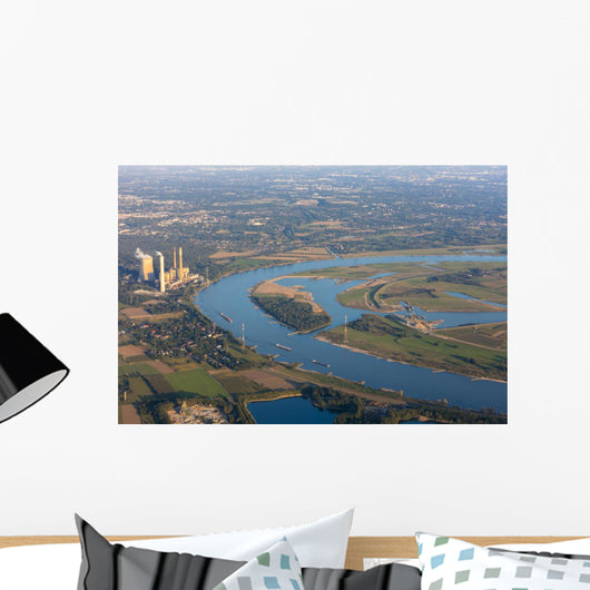 Rhine River bend Orsoy with agricultural, industrial and residen Wall Mural