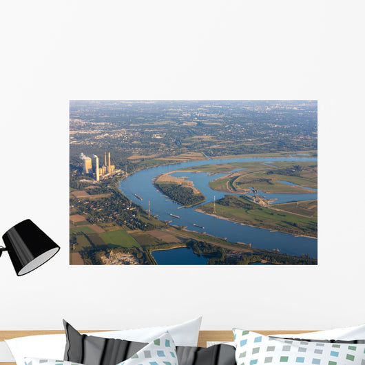 Rhine River bend Orsoy with agricultural, industrial and residen Wall Mural
