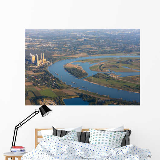 Rhine River bend Orsoy with agricultural, industrial and residen Wall Mural