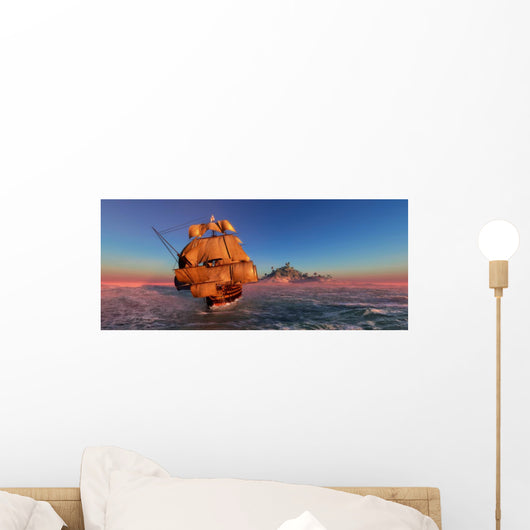 Ship Sailing Away from an Island at Sunset Wall Decal