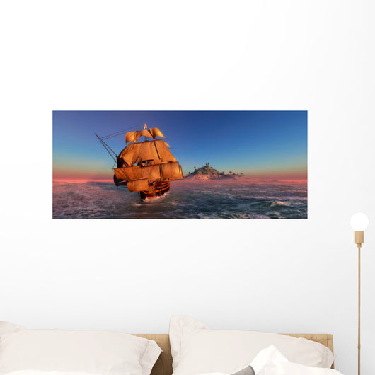 Ship Sailing Away from an Island at Sunset Wall Decal