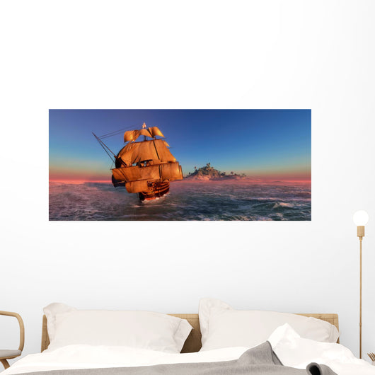 Ship Sailing Away from an Island at Sunset Wall Decal
