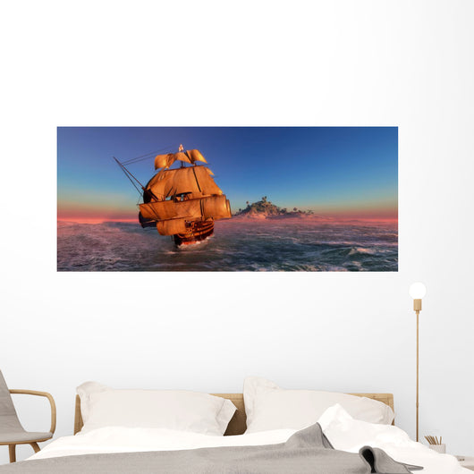 Ship Sailing Away from an Island at Sunset Wall Decal