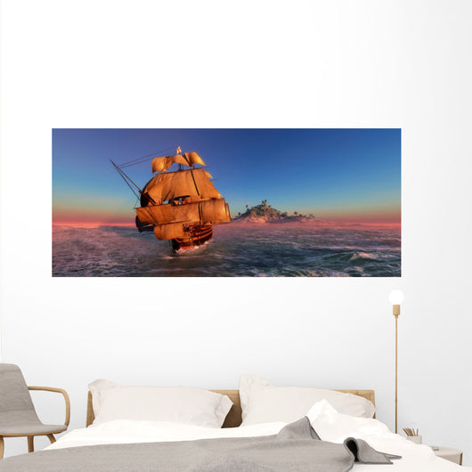 Ship Sailing Away from an Island at Sunset Wall Decal