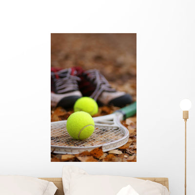 Tennis Equipment Wall Mural shown on a wall