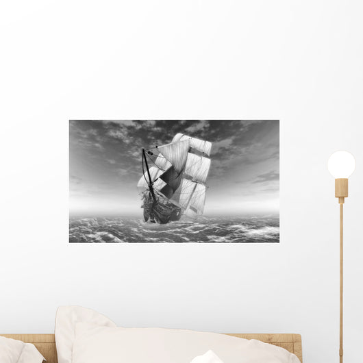 Black and White Sailing Ship at Sea Wall Decal