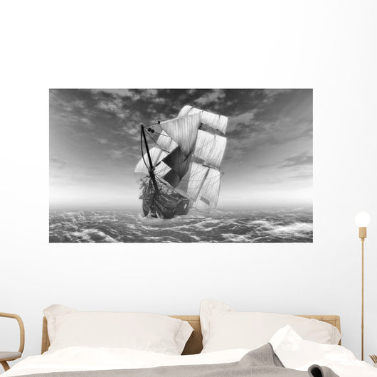 Black and White Sailing Ship at Sea Wall Decal