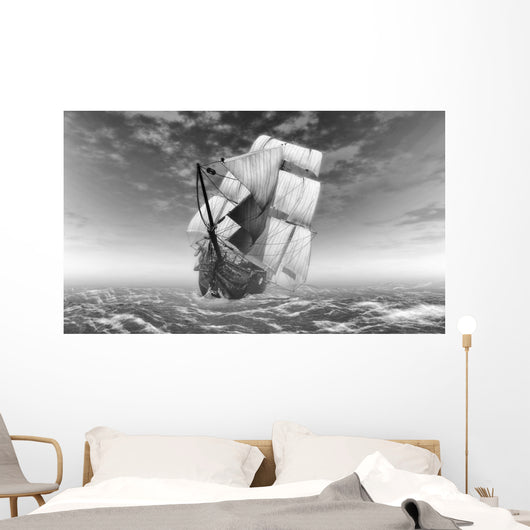 Black and White Sailing Ship at Sea Wall Decal