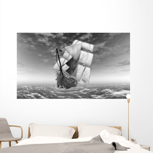 Black and White Sailing Ship at Sea Wall Decal