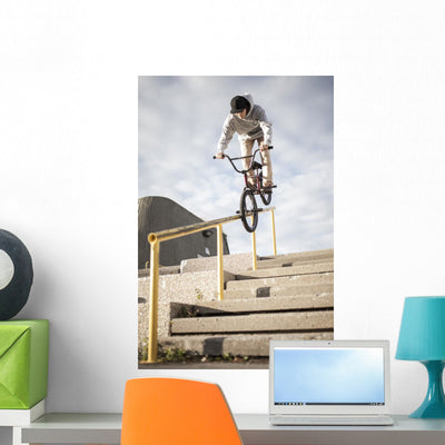 BMX Rider Grinding Handrail Wall Decal shown on a wall