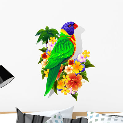 Rainbow Lorikeet On Tropical Flowers Wall Decal shown on a wall