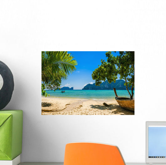 Exotic beach with palms and boats on azure water, Phi Phi Island Wall Decal