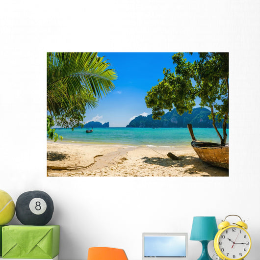 Exotic beach with palms and boats on azure water, Phi Phi Island Wall Decal