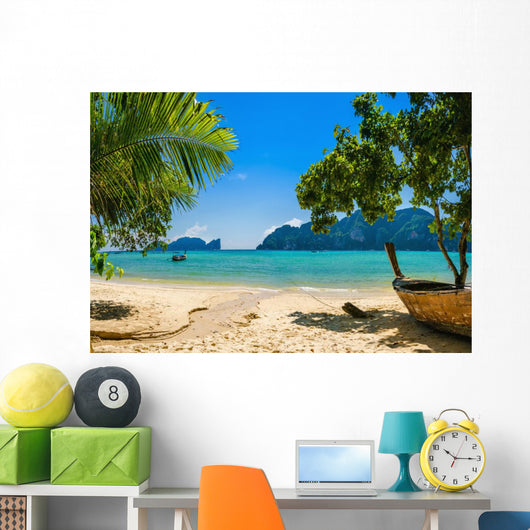 Exotic beach with palms and boats on azure water, Phi Phi Island Wall Decal