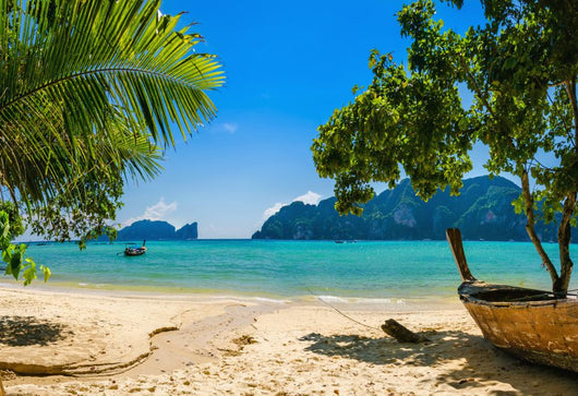 Exotic beach with palms and boats on azure water, Phi Phi Island Wall Decal