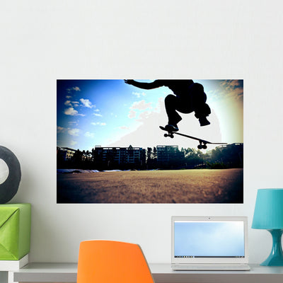Skateboarding Legs Jump City Wall Decal shown on a wall