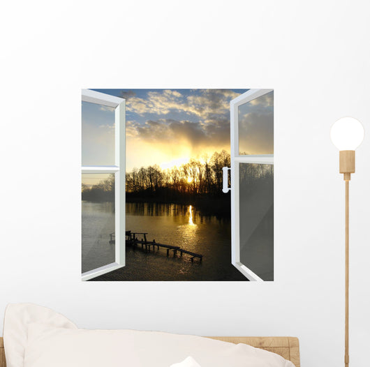window opened to the river with sunset Wall Decal