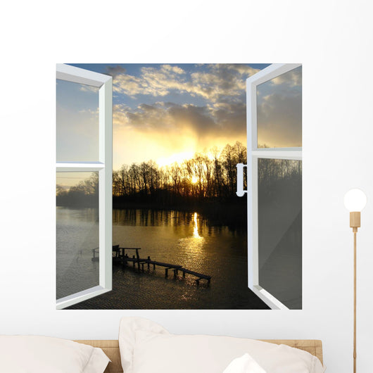 window opened to the river with sunset Wall Decal