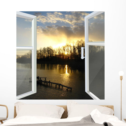 window opened to the river with sunset Wall Decal