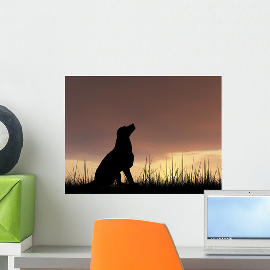 Dog silhouette in grass at sunset Wall Decal