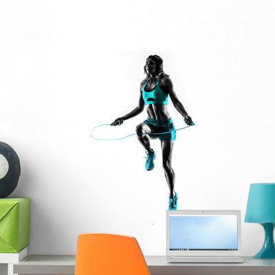 Woman Fitness Jumping Rope Exercises Silhouette Wall Decal shown on a wall