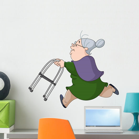 Old woman running with walker Wall Decal