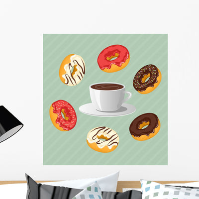 Donuts with Cup Coffee Wall Decal shown on a wall