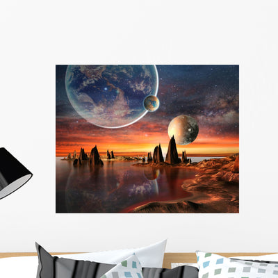 Alien Planet with Earth Wall Decal shown on a wall