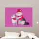 cat in a pink dress and hat with a baby carriage and a toy on a Wall Decal