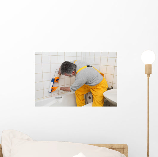 Worker Plumber Caulking Bath Wall Decal