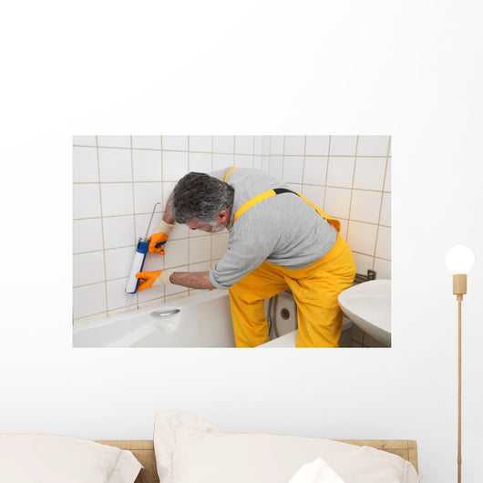 Worker Plumber Caulking Bath Wall Decal