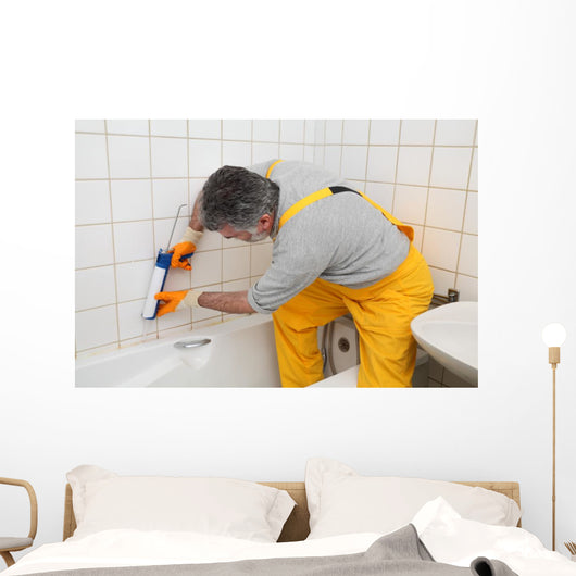 Worker Plumber Caulking Bath Wall Decal
