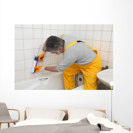 Worker Plumber Caulking Bath Wall Decal