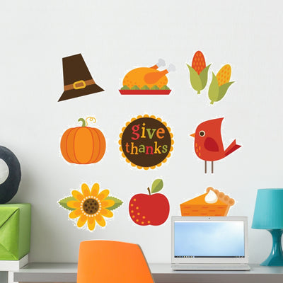 Cute Autumn Fall Thanksgiving Wall Decal Sticker Set shown on a wall