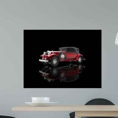 Crimson Vintage Car On Black Reflective Background Wall Decal shown on a wall
