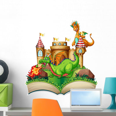 Dragon and Book Wall Decal shown on a wall