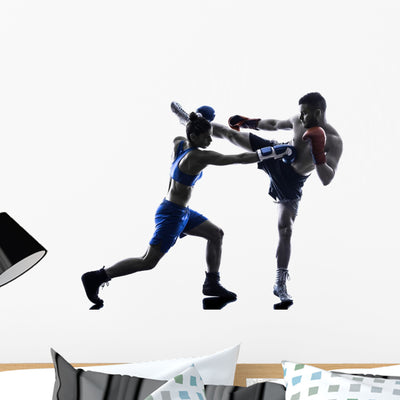 Woman Boxer Boxing Man Kickboxing Silhouette Isolated Wall Decal 2 shown on a wall
