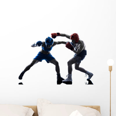 Woman Boxer Boxing Man Kickboxing Silhouette Isolated Wall Decal shown on a wall