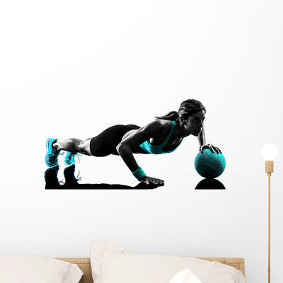 Woman Fitness Medicine Ball Exercises Silhouette Wall Decal shown on a wall