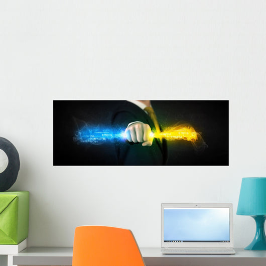 Man holding colorful glowing data in his hands Wall Decal