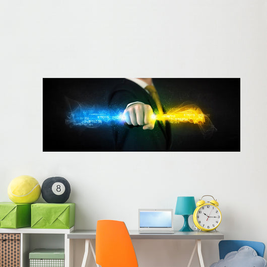 Man holding colorful glowing data in his hands Wall Decal