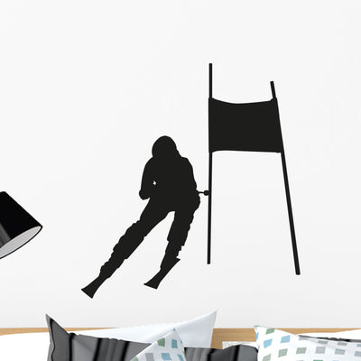 Vector Silhouette Of The Skier Passing Gate Wall Decal shown on a wall