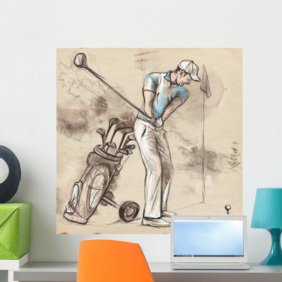 Golf Player - An Hand Drawn And Painted Illustration Wall Decal 2 shown on a wall
