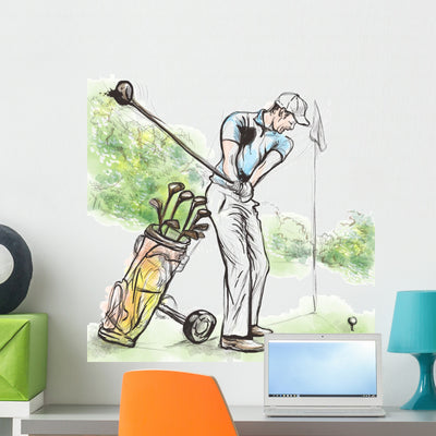 Golf Player - An Hand Drawn And Painted Illustration Wall Decal shown on a wall