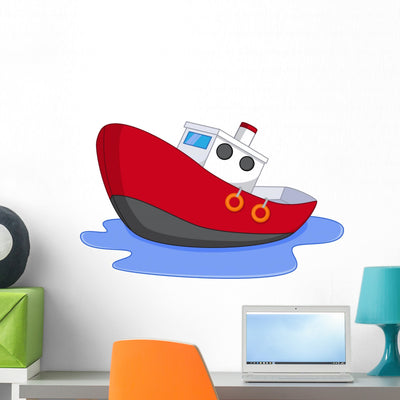 Cartoon Boat with Water Wall Decal shown on a wall