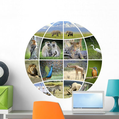 Globe Design With Photographs Animals Wall Decal shown on a wall