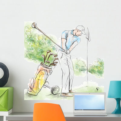 Golfer - Hand Drawn Illustration Converted Into Vector Wall Decal shown on a wall