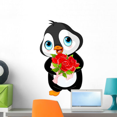 Cute Valentine Penguin Wall Decal shown on a wall