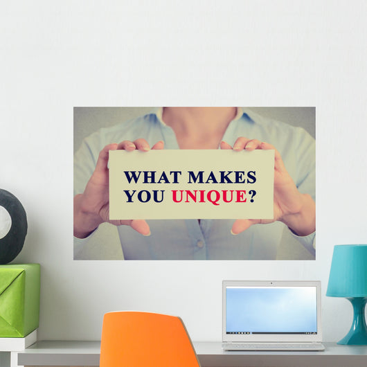 businesswoman hands holding sign message what Makes You Unique? Wall Decal
