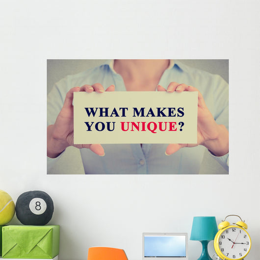businesswoman hands holding sign message what Makes You Unique? Wall Decal